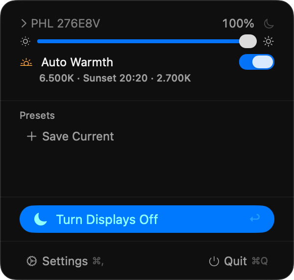 Dimmerly menu bar panel showing display brightness, automatic warmth, presets, and display sleep controls